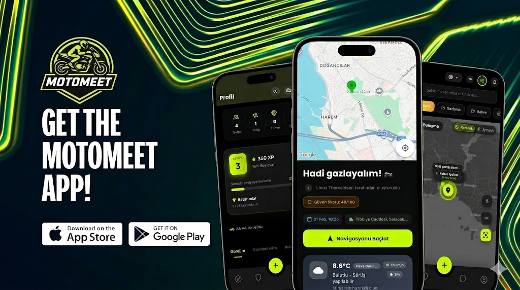MotoMeet App - showing profile, map, and discovery screens